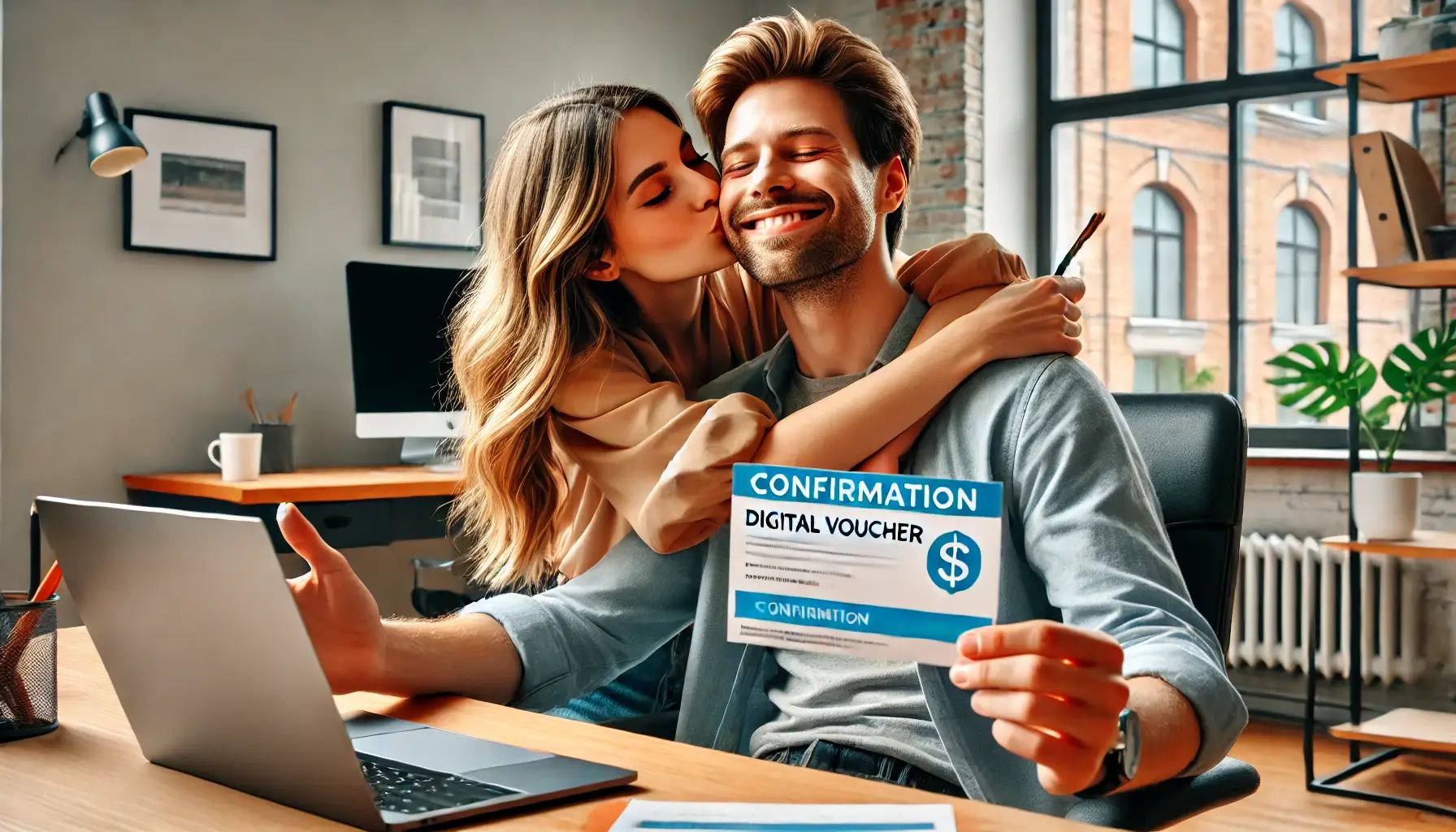 Un cliente felice con il voucher in mano davanti al computer