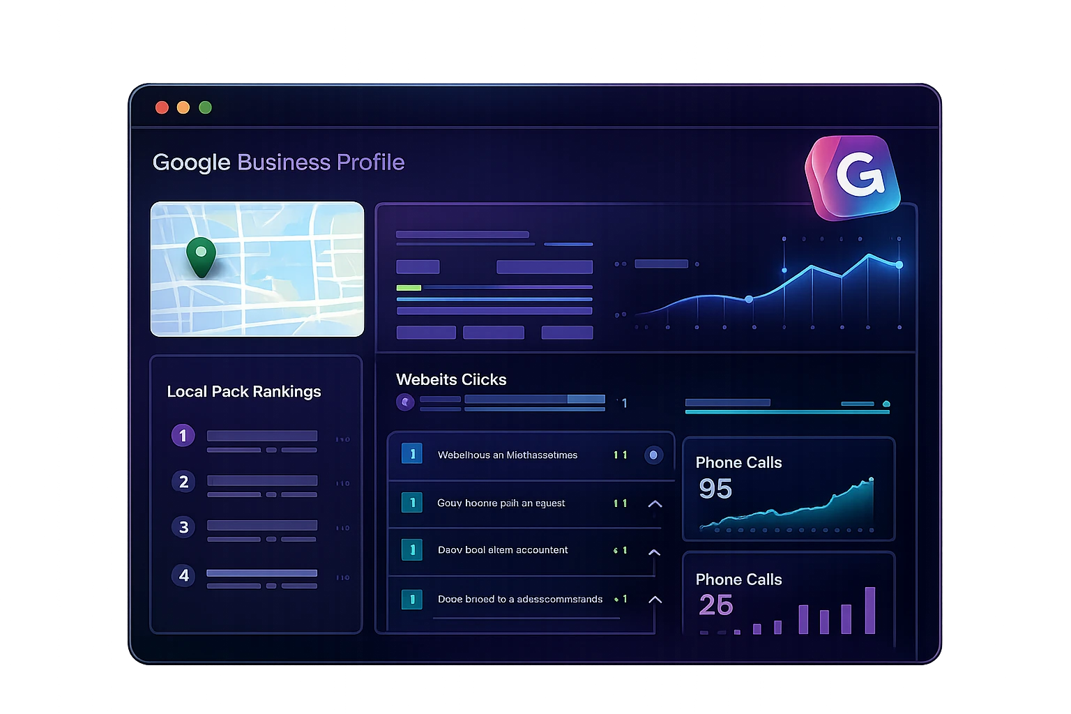 Dashboard SEO locale con Google Business Profile, ranking locali, click al sito e chiamate